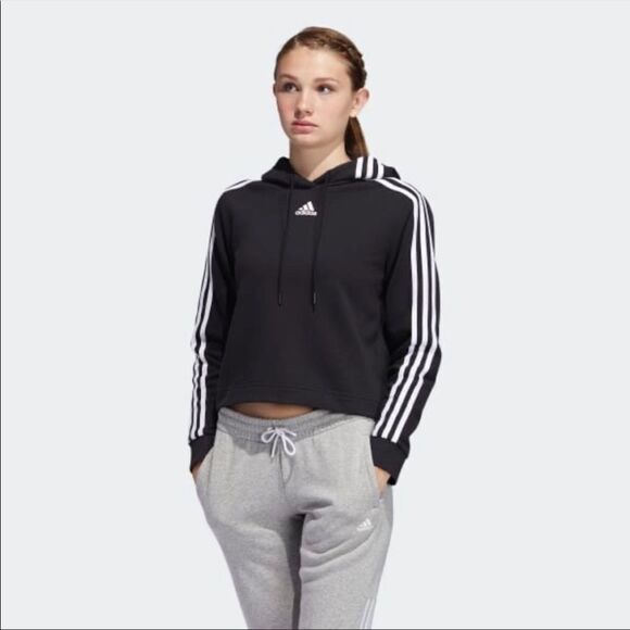 Adidas PG 3S Hoodie size Small women’s cropped 3 stripes black white crop NWT - Picture 2 of 6